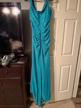 Sparkling Teal Ruched Halter Evening Dress - Women